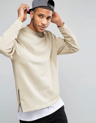 ASOS Oversized Sweatshirt With Side Zips In Beige