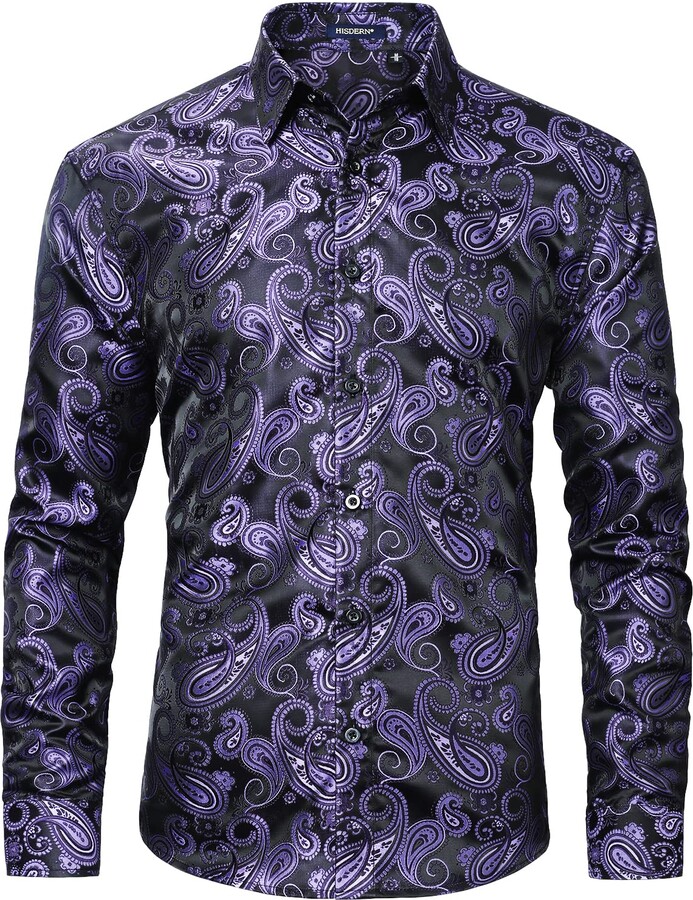 HISDERN Men's Purple Shirts Satin Button Down Dress Shirts Long Sleeve