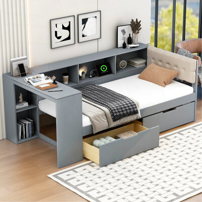 Latitude Run Wood Full Size Platform Bed With Storage Shelves, Drawers, Charging Station And Upholstered Headboard, Cream