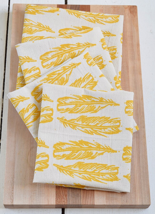 Etsy Feather Napkins Set Of 4 100% Organic Cotton Mustard Yellow Print Table Setting Feathers