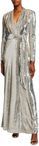 Thumbnail for your product : Badgley Mischka Sequin Long-Sleeve Belted Surplice Gown