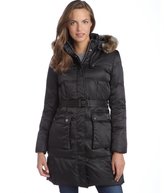 Thumbnail for your product : Vince Camuto black quilted faux fur trim hood belted down three-quarter coat