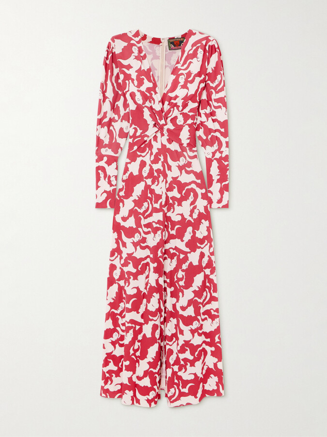 La DoubleJ + Mother Twist-front Printed Jersey Midi Dress - Red