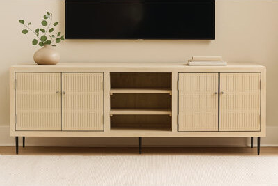 MOTI Furniture Sampson 4-door Media Cabinet In Contemporary Aged Natural Finish On Solid Wood