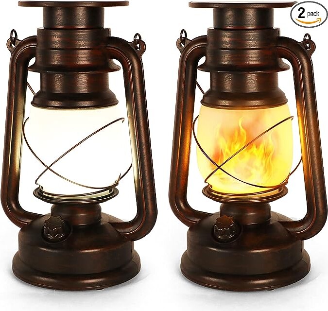 Solar Lanterns Outdoor Waterproof, 2 Pack Vintage Hanging Lantern with Realistic Dancing Flame LED Lantern, Halloween Decorations Lights for Garden Patio Deck Yard Path