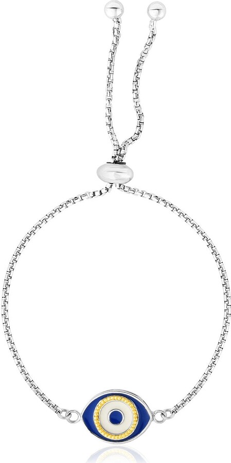 Sterling Silver Adjustable Two Toned Enameled Evil Eye Friendship Bracelet