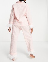 Thumbnail for your product : NIGHT gingham long pyjama set with detachable feather trims in white and pink