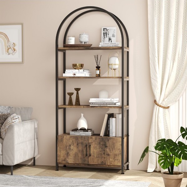 LinTimes 5TierArchedBookshelfwithDoors71.5InTallMetalFrameBookShelfOpenStorageShelfBookcaseforLivingRoomandOfficeBrown