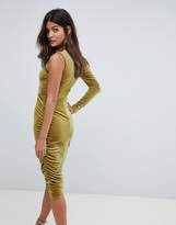 Thumbnail for your product : ASOS Design High Neck Ruched Velvet Midi Bodycon Dress