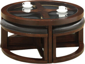 Red Barrel Studio Stylish Dark Walnut Coffee Table Glass Insert Top Ottoman Included Table Set