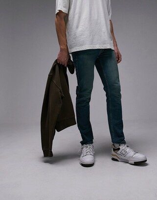 Topman stretch skinny jeans in mid wash green tint