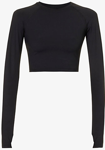 Adanola Womens Black Fitted Long-Sleeved Cropped Stretch-Woven T-Shirt M
