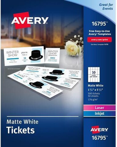 Avery Blank Printable Tickets, Tear-Away Stubs, Perforated Raffle Tickets, 1-3/4' x 5-1/2', 500 Tickets (16795)