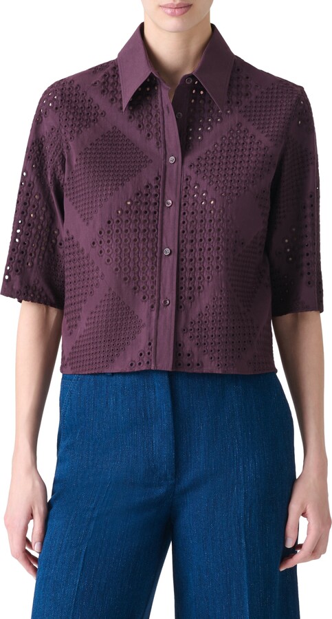 Akris Punto Diamond Cotton Eyelet Short Sleeve Crop Button-Up Shirt