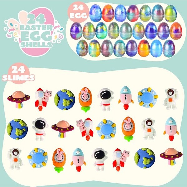 Joyfy24PcsGalaxySlimeEggswithToys,UnscentedMulti-ColorSpaceThemedPuttyforEasterPartyFavors