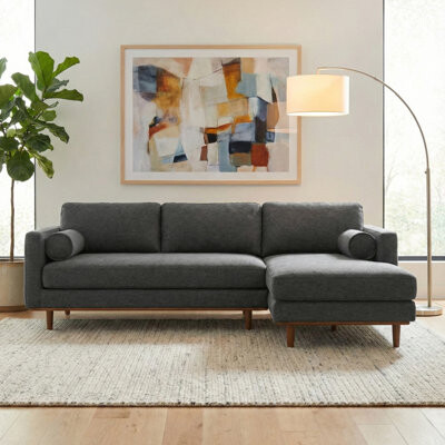 Simpli Home Morrison Large Right Sectional Sofa, Mid-Century Modern Couch with Chaise Lounge and Eco-Friendly Woven-Blend Fabric