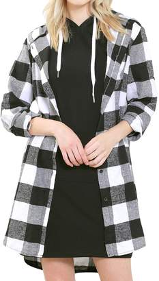 ililily Women Buffalo Plaid Checkered Hooded Shirt Button Down Longline Blouse