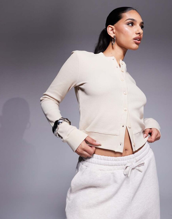 ASOS Weekend Collective Weekend Collective waffle knit cardigan with woven label in stone