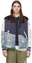 Thumbnail for your product : Greg Lauren Navy 50/50 Satin Denim Varsity Jacket