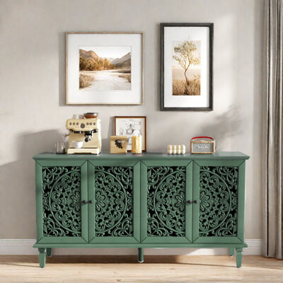 Antique Sideboard With Wood Legs, Antique Brass Handles And Adjustable Shelves