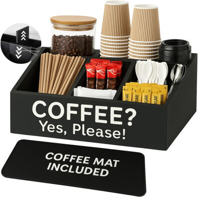 Runbang Coffee Bar Organizer For Countertop And Silicone Mat Included - Coffee Organizer Station With Removable Drawers - Tea Station For Countertop - Home Ba