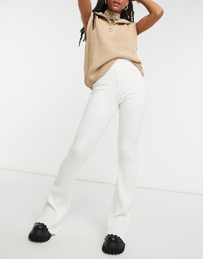 Bershka ribbed flare pants in white - ShopStyle
