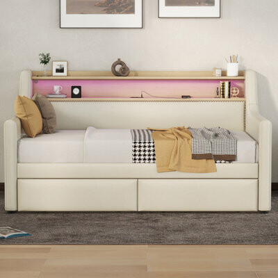 Twin Size Daybed With Storage Drawers, Upholstered Daybed With Charging Station, Day Bed