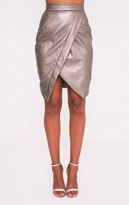 PrettyLittleThing Greer Metallic Pewter Faux Leather Wrap Midi Skirt