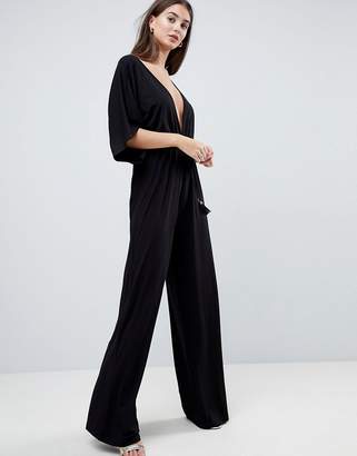 ASOS Design Jersey Plunge Jumpsuit with Kimono Sleeve and Rope Tie
