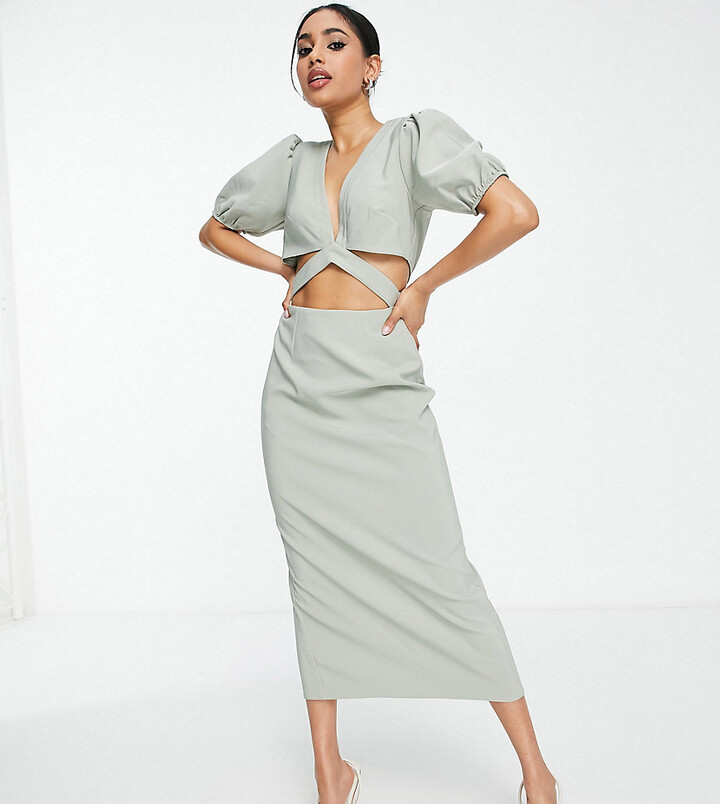 ASOS Petite ASOS DESIGN Petite cutout pencil midi dress in sage