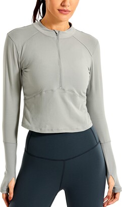 CRZ YOGA Women's 1/2 Zip Long Sleeve Crop Top Stretchy Sports Fitness Tops  Running Gym Shirts with Thumb Holes Rock Grey 12 - ShopStyle