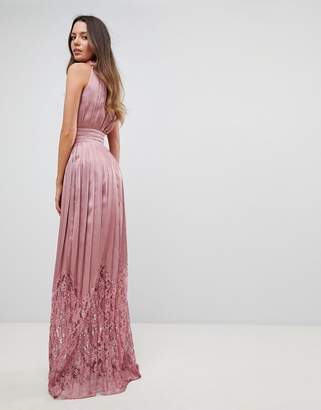 Little Mistress Tall Ruffle High Neck Maxi Dress With Lace Pleated Skirt