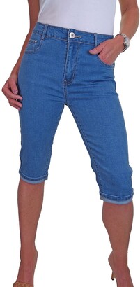 icecoolfashion Cropped Capri Jeans Stretch Denim Turn Up Cuff Indigo Blue 10-20 