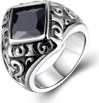 BOHO Jewelry Mens Stainless Steel Vintage Cz Ring,Polished Caved,Black Silver