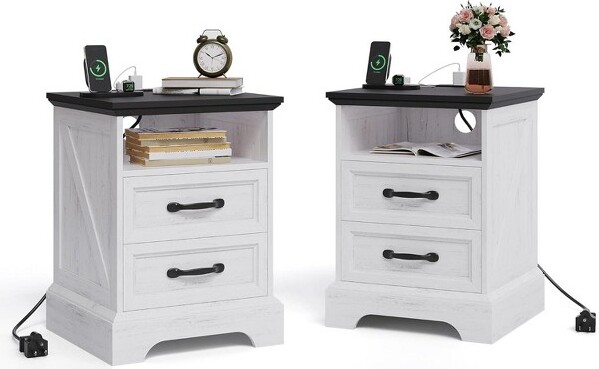 Fulvari FarmhouseBedsideTablewith2DrawersOpenShelfUSBandSocketforSmallBedroomSpace2PiecesinaSetCountryStyle