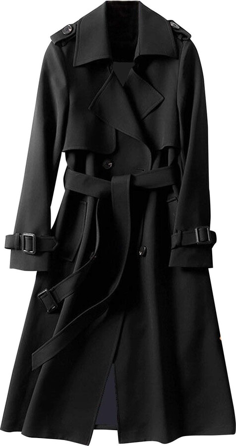 Hengzi Women's Vintage Trench Coat Long Parker Classic Double Breasted  Jacket Elegant Solid Color Long Sleeve Lapel with Belt Slim Fit Overcoat  Outerwear Black - ShopStyle