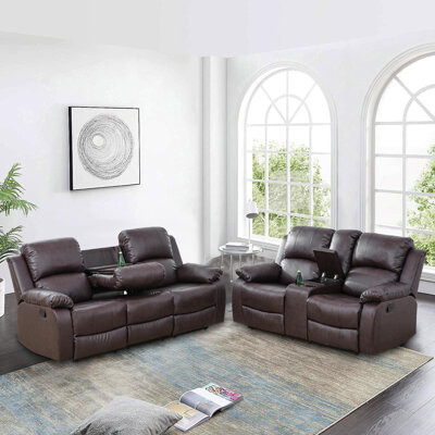 Lark Manor Lecompte 2-Piece Vegan Leather Manual Reclining Living Room Set With Console Drop-Down Table And Cupholders