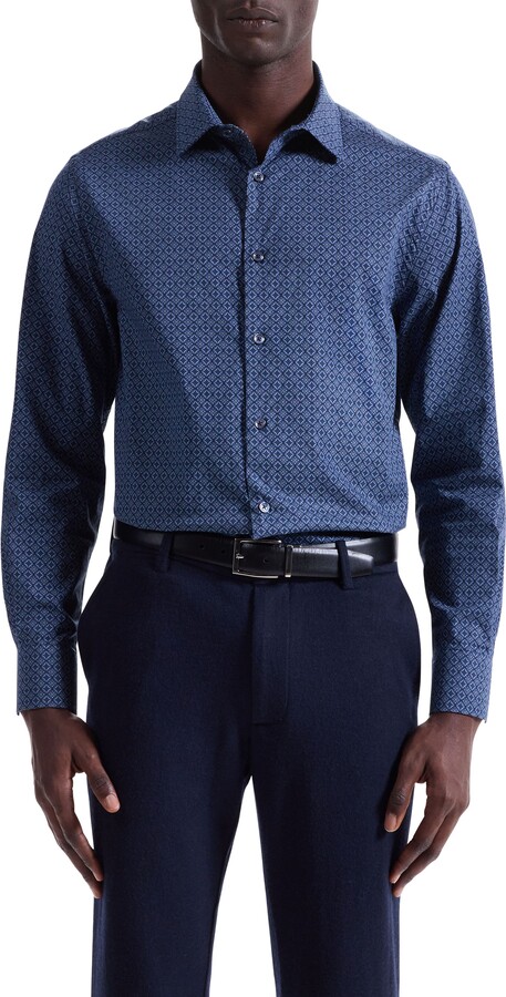 Julian Shaped Fit Medallion Print Stretch Cotton Button-Up Shirt