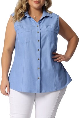 Agnes Orinda Agne Orinda Women' Plu Size Pocket Sleevele Button Down Work  Summer Chambray Bloue Light Blue 2X - ShopStyle Tops