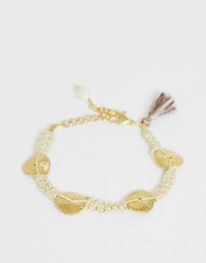 ASOS Design DESIGN bracelet with woven cord and etched coin charms in gold tone
