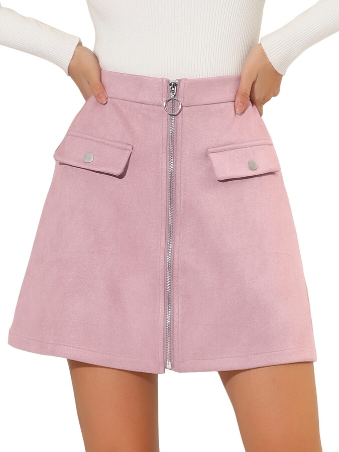 Allegra K Women's High Waist Faux Suede Skirts Elastic Back A-Line Zipper  Front Mini Skirt Dusty Pink S-8 - ShopStyle