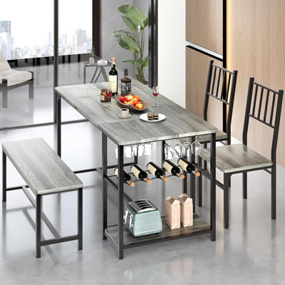 Dining Room Table Set for 4, 55" Kitchen Table Set with Storage Shelf, Wine Rack & Wine Glasses Holder