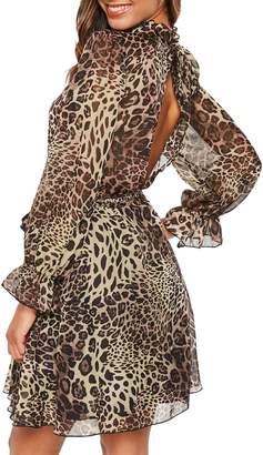 Missguided High Neck Tie Waist Smocked Leopard-Print Dress