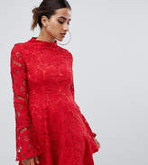 Thumbnail for your product : PrettyLittleThing lace fluted sleeve skater dress in red