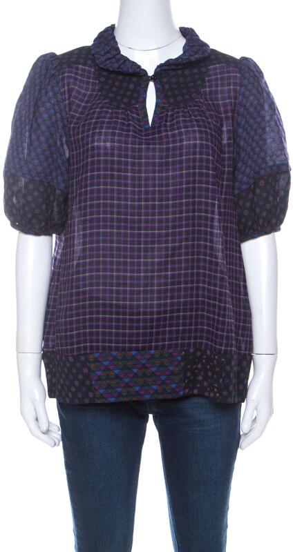 Marc by Marc Jacobs Multicolor Wool & Silk Blend Mixed Print Puff Sleeve Polo Shirt L