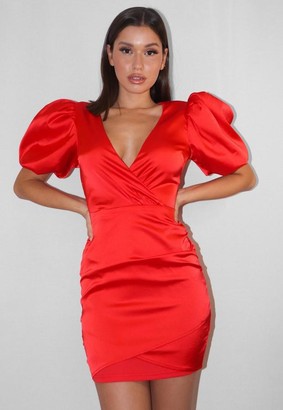 Missguided Red Satin Puff Sleeve Milkmaid Dress - ShopStyle