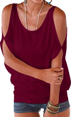 YOINS Womens Cold Shoulder Casual Summer Top Scoop Neck Off Shoulder Lace-up Solid Color Shirt Blouse