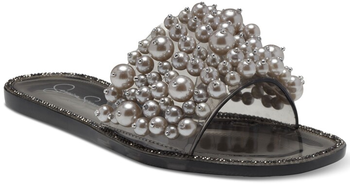 BeneModa Womens Flat Sandal Open Toe Slip On Slides Pearl Decoration Slipper Sandals