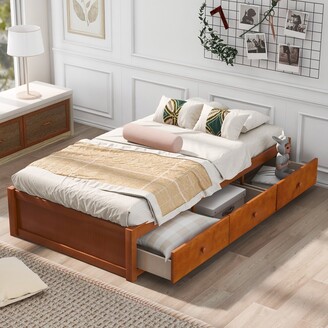 Tiramisubest Twin Size Platform Bed Daybed with 3 Storage Drawers,Oak