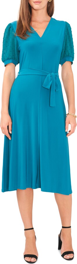 Chaus Clip Dot Chiffon Sleeve Belted Dress